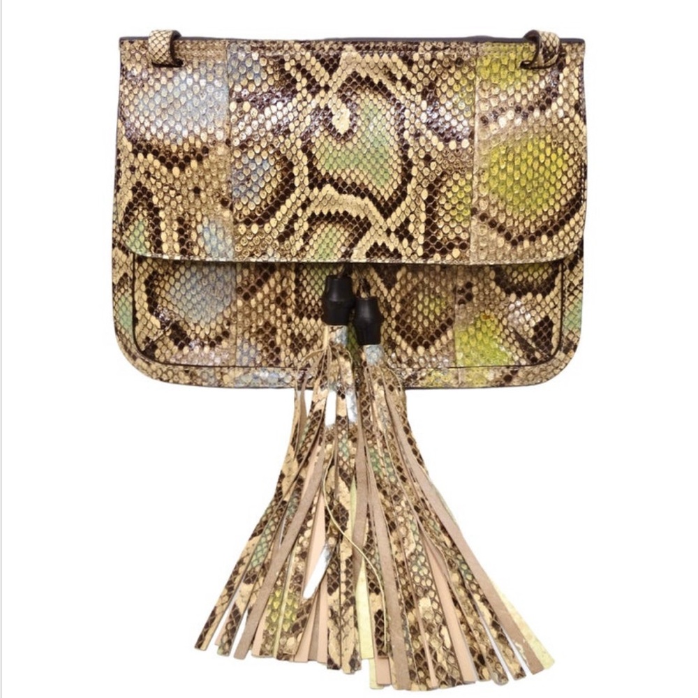 Gucci Python Brown Tan Crossbody Bag with Tassels